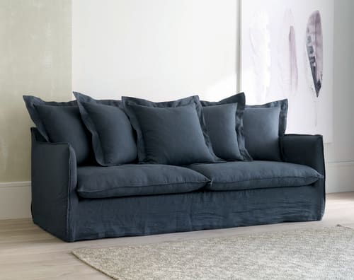 Sofas und sessel Gerade Sofas | Ausziehbares 3-4-Sitzer-Sofa, Bezug aus gewaschenem Leinen, tintenblau - KH56261