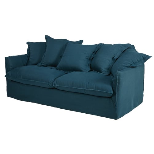 Sofas und sessel Gerade Sofas | Ausziehbares 3/4-Sitzer-Sofa mit Bezug aus petrolblauem gewaschenem Leinen - CJ83232