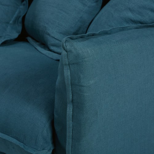 Sofas und sessel Gerade Sofas | Ausziehbares 3/4-Sitzer-Sofa mit Bezug aus petrolblauem gewaschenem Leinen - YL03565