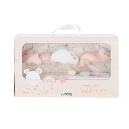 Baby Musikmobile aus Baumwolle, rosa und weiß LOU | Maisons Regal Wolke und Regenbogen, rosa, goldfarben und weiß Lou