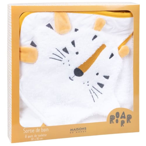 Kids Kapuzenbadetücher für Babys und Bademäntel für Kinder | Babybadetuch aus Baumwolle, weiß mit Tigerkopf in Senfgelb und Schwarz - QV47681