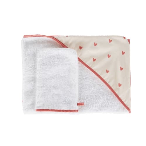 Kids Kapuzenbadetücher für Babys und Bademäntel für Kinder | Babybadetuch aus Baumwollgaze und Schlaufenstoff mit Stickerei, rosa und ecru - AR41101