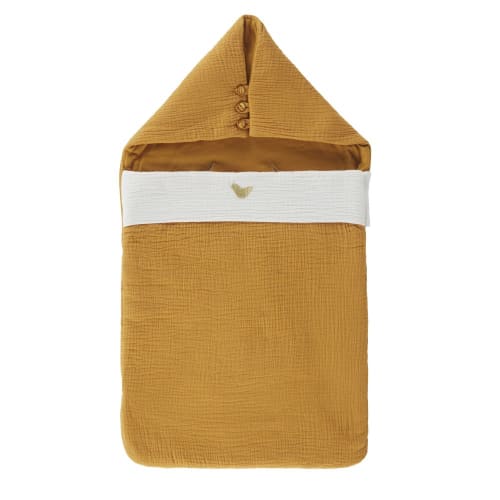 Kids Baby-Schlafsäcke | Babyschlafsack mit Vogelmotiv aus Baumwollgaze, senfgelb, ecru und goldfarben - DR15667