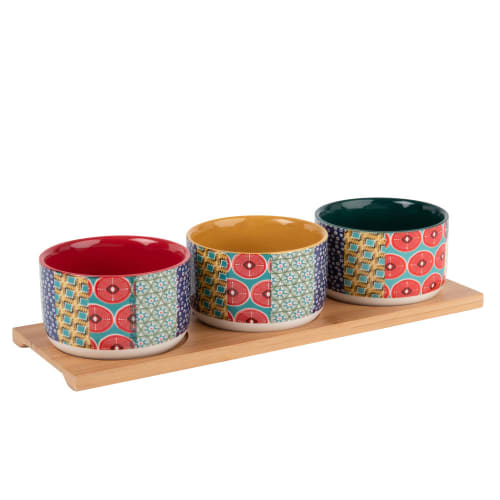 Bamboo Snack Tray with 3 Printed Porcelain Bowls