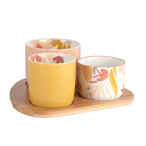 Bamboo Snack Tray with 3 White Patterned Earthenware Bowls Manon