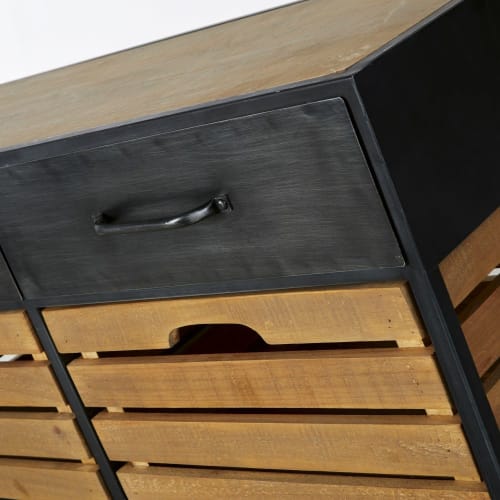 Banc d'entrée industriel 4 tiroirs en bois de pin, sapin et métal noir