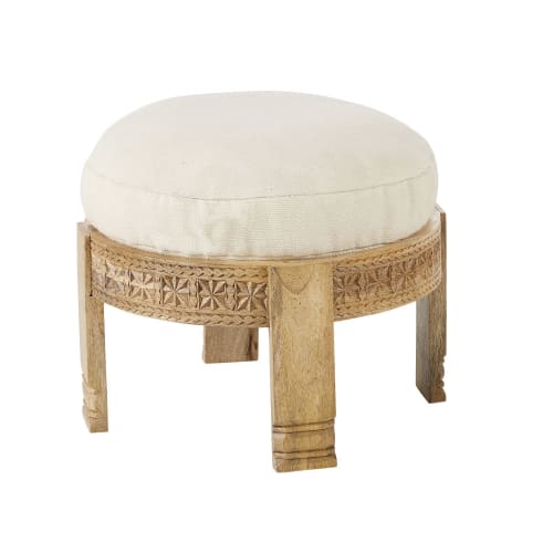 Möbel Hocker und Sitzhocker | Barhocker aus Mangoholz mit Kissen aus Baumwolle, beige - OC28608