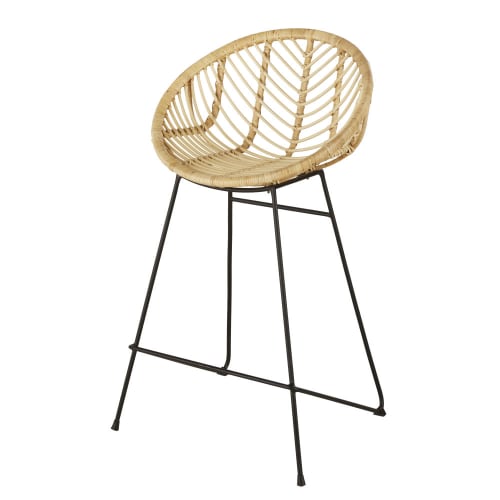 Möbel Barhocker und Barstühle | Barstuhl, rund, aus Rattangeflecht und schwarzem Metall - NR74168