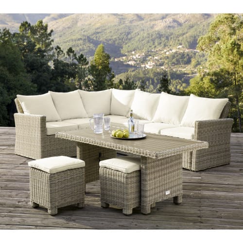 Beige 6 Seater Resin Wicker Patio Set Sardaigne Maisons Du Monde