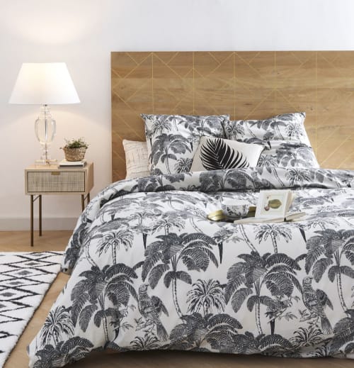 Soft furnishings and rugs Bedding | Beige Cotton Bedding Set with Anthracite Grey Palm Print 220x240 - RZ33732