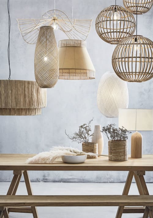 Beige Linen and Woven Rattan Pendant 