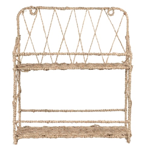 Beige seagrass and iron shelving unit