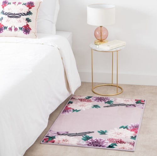 Beige tapijt met roze, paarse, groene en zwarte bloemenprint, 60x90