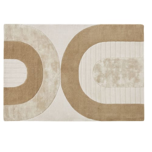 Beige, wit en bruin handgetuft tapijt met gebogen print 140 x 200 cm