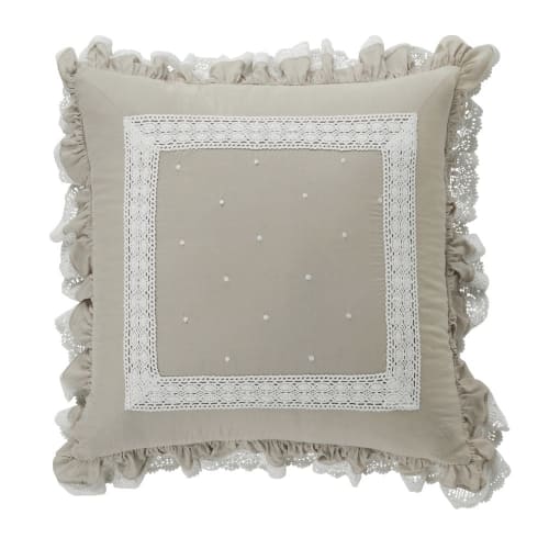 Textil Kissen und Kissenbezüge | Beigefarbenes Kissen aus Baumwolle mit weißer Spitze, 60x60cm - MX09356