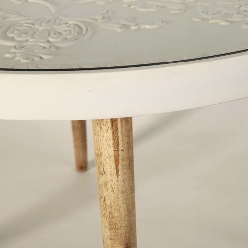 Möbel Couchtische | Beistelltischchen, weiß mit eingravierten Motiven und Glas - XP23014