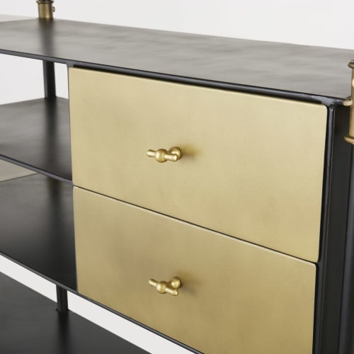 Black And Brass Metal Double Shelving, Black Shelving Unit With Drawers