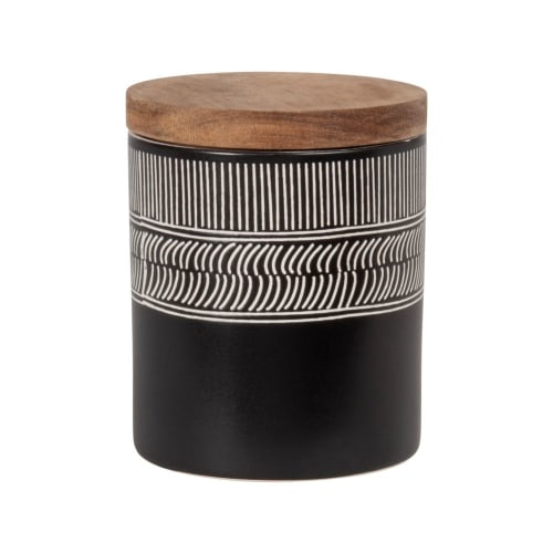Black and ecru stoneware pot with acacia lid H11cm