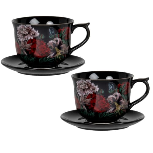 Black and gold stoneware cup and saucer with multicoloured print - Set of 2
