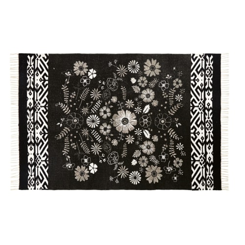 Black and White Cotton Rug with Floral Print 140x200 Rozenn Maisons