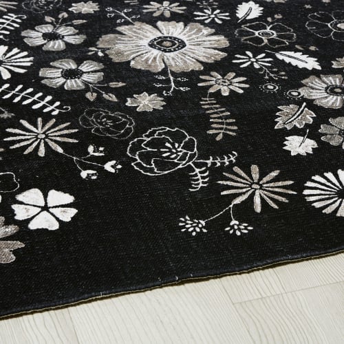 Black and White Cotton Rug with Floral Print 140x200 Rozenn Maisons