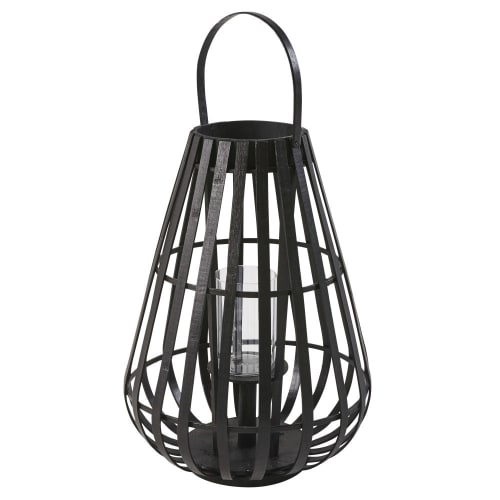 Black Bamboo and Glass Lantern H55