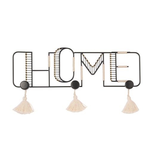 Black Metal 3Hook Word Coat Rack with Cotton Pom Poms Ratanlet