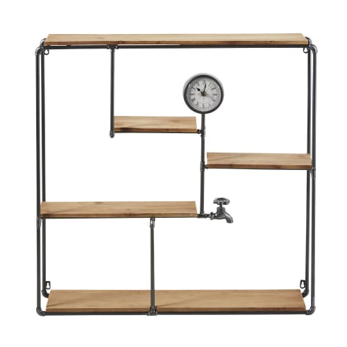 Black Metal and Fir Shelving Unit with Clock