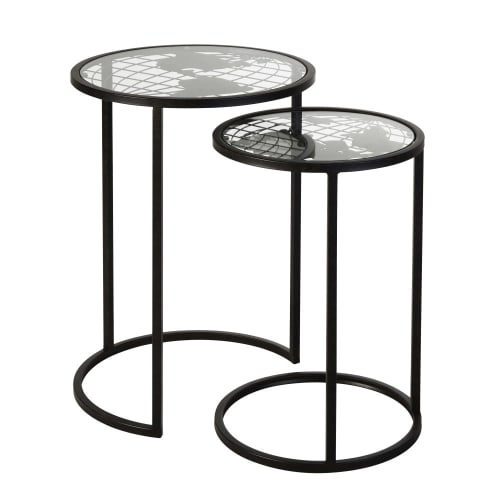 Black Metal And Gl Side Tables With World Map Design X2 Black Metal And Gl Side Tables With