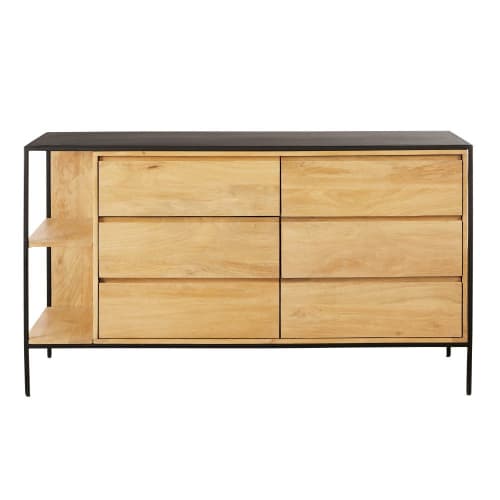 Black Metal And Mango Wood 6 Drawer Chest Of Drawers Wayampi