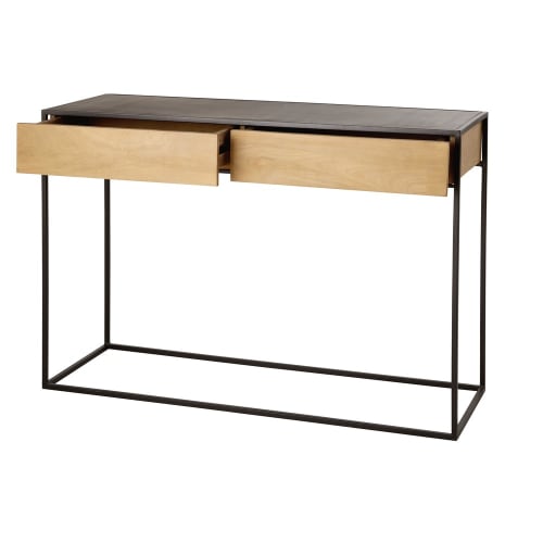 Black Metal And Solid Mango Wood 2 Drawer Console Table Wayampi