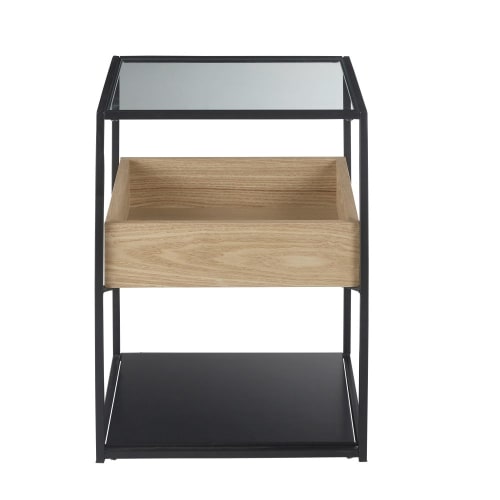 Black Metal and Tempered Glass Bedside Table