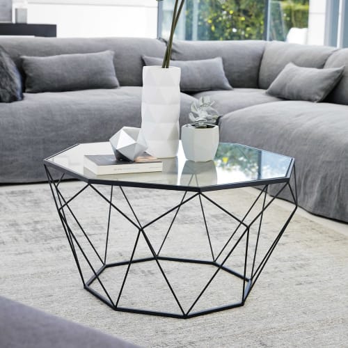 Black Metal And Tempered Glass Coffee Table Blossom Maisons Du Monde