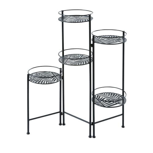 Black Openwork Metal Plant Stand with Foliage Motif