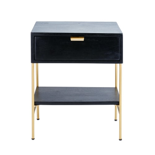 Black Solid Acacia and Gold Metal 1-Drawer Bedside Table