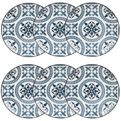 Blue and White Earthenware Dessert Plate with Graphic Motifs - Set of 6