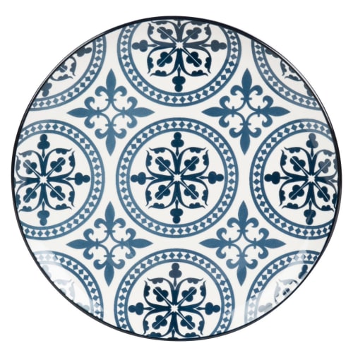 Blue and White Earthenware Dinner Plate with Graphic Motifs - Set of 6