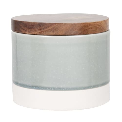 Blue and white porcelain box with brown acacia wood lid