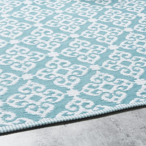 Blue Outdoor Rug With White Graphic, Outdoor Rug Blue