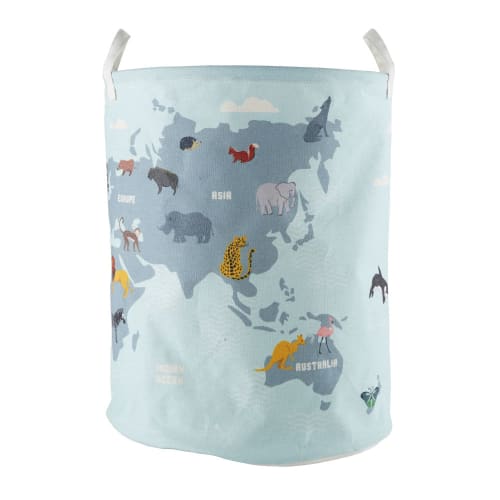 Kids Children's storage boxes and baskets | Blue Storage Bag with Multicoloured Map of the World Print - TZ22526