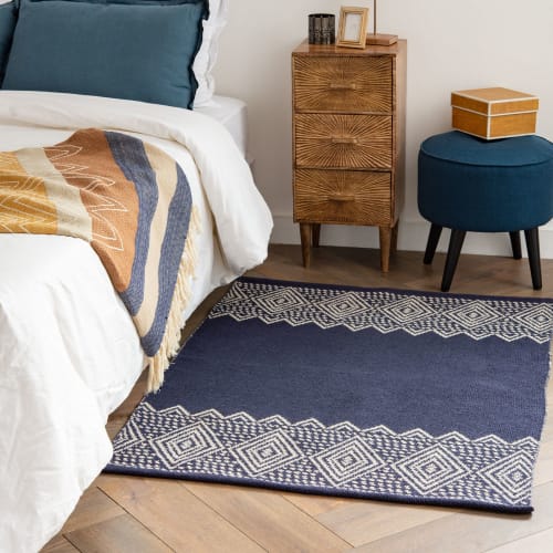 Blue Woven Cotton Rug with Ecru Print 90x120 Maabane Maisons du Monde