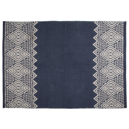 Blue Woven Cotton Rug with Ecru Print 90x120 Maabane Maisons du Monde
