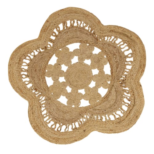 Blumen-Teppich aus geflochtener, beigefarbener Jute