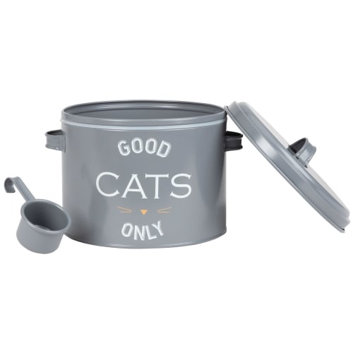 Boite A Croquettes Pour Chat En Metal Gris Imprime Avec Louche Maisons Du Monde