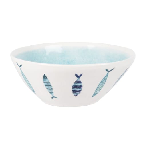 Art de la table Bols, tasses et mugs | Bol en faïence blanche et bleu clair imprimé poissons - VC08774