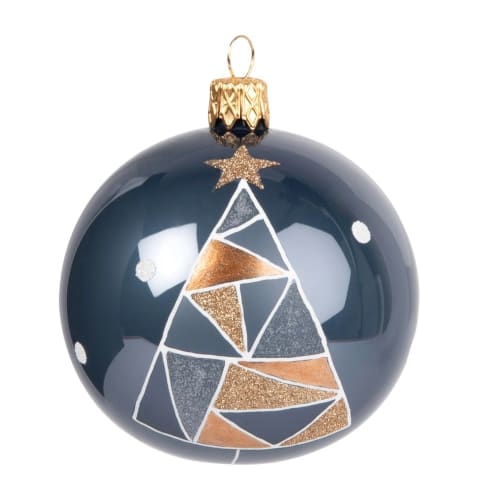 Boule De Noël En Verre Bleu Imprimé Sapin Géométrique