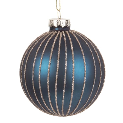 Boule De Noël En Verre Bleu Motifs à Rayures Dorées