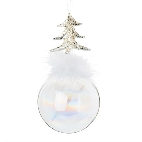 Boule De Noël En Verre Irisé Plumes Et Sapin