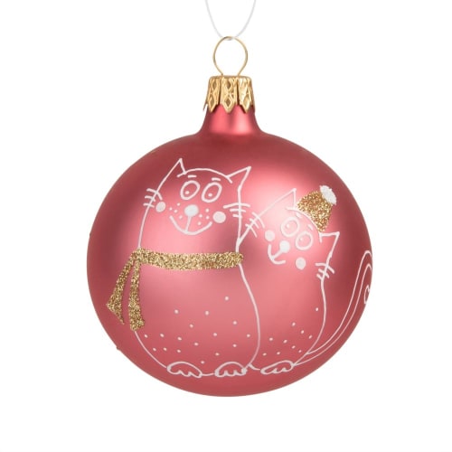 Boule De Noël En Verre Rose Imprimé Chats Blancs Et Dorés