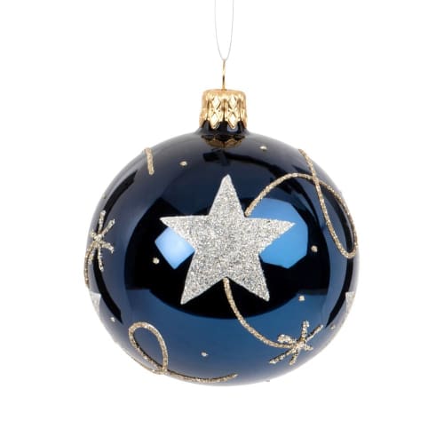 Boule De Noël En Verre Teinté Bleu Motif étoile Filante Dorée